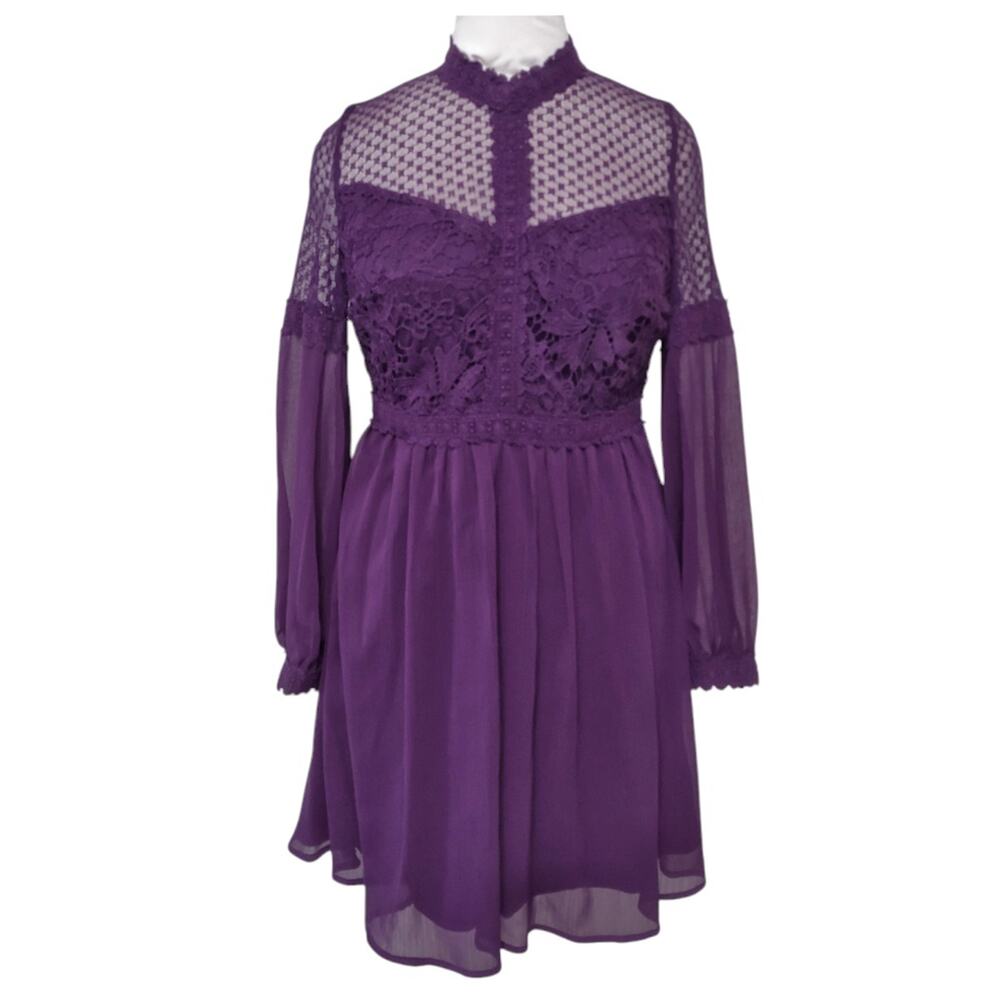 Girls Purple Party Dress Juniors Size M Sheer Chiffon Lace Crochet A-line Sheer
